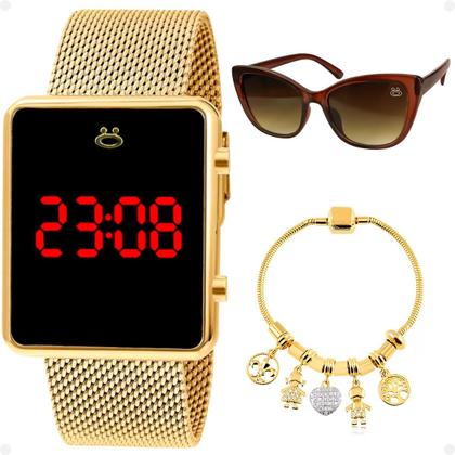 Imagem de relogio feminino banhado led caixa dourada + pulseira + oculos silicone casual moda social proteção uv qualidade premium