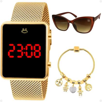 Imagem de Relogio Feminino Banhado Led + Pulseira + Caixa + Oculos