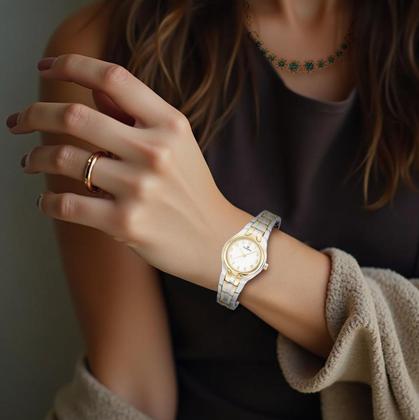 Imagem de Relógio Feminino Bicolor Prata e Dourado Analógico de Pulso Movimento Quartzo Pequeno Delicado Luxo Elegante Fashion Champion