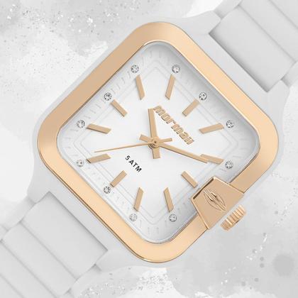 Imagem de Relógio Feminino Branco e Rosé Quadrado Analógico de Pulso com Pulseira de Silicone à Prova D Água Pequeno Delicado Fashion Luxo Elegante Mormaii