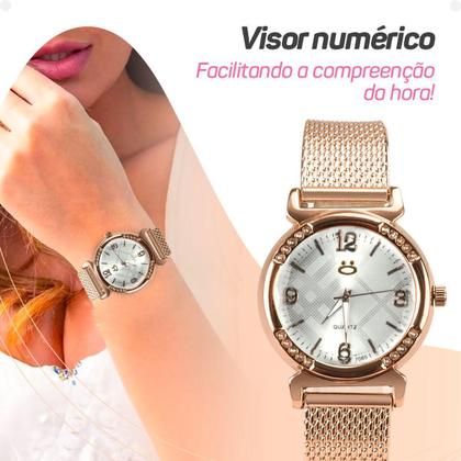 Imagem de Relogio Feminino Caixa Aço Inox Banhado Rose Silicone