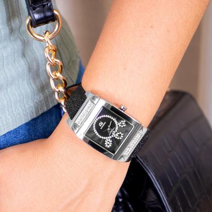 Imagem de Relógio Feminino Champion Ana Hickamnn Couro Preto Analógico Quadrado AH28062T