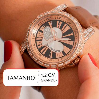 Imagem de Relógio Feminino Champion Ana Hickmann Cobre Cristais Couro Marrom AH28366Z Colar e Brincos
