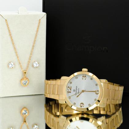 Imagem de Relogio Feminino Champion Analogico Aço Inoxidavel Dourado Elegance Casual Original Com Colar e Brinco Resistente a Agua 1 Ano de Garantia CN26279W