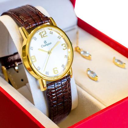 Imagem de Relógio Feminino Champion Analógico Couro Marron Kit Colar e Brincos CN20186B