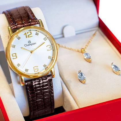 Imagem de Relógio Feminino Champion Analógico Couro Marron Kit Colar e Brincos CN20186B