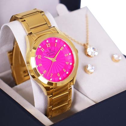 Imagem de Relógio Feminino Champion Analógico Dourado Rosa Prova D'agua CN29409J Colar e Brincos