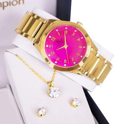 Imagem de Relógio Feminino Champion Analógico Dourado Rosa Prova D'agua CN29409J Colar e Brincos