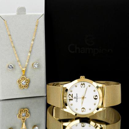 Imagem de Relógio Feminino Champion Dourado Aço Inoxidável Mostrador Branco Colar e Brinco Original Resistente à Água CN29098W