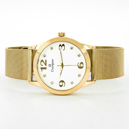 Imagem de Relógio Feminino Champion Dourado Aço Inoxidável Mostrador Branco Colar e Brinco Original Resistente à Água CN29098W
