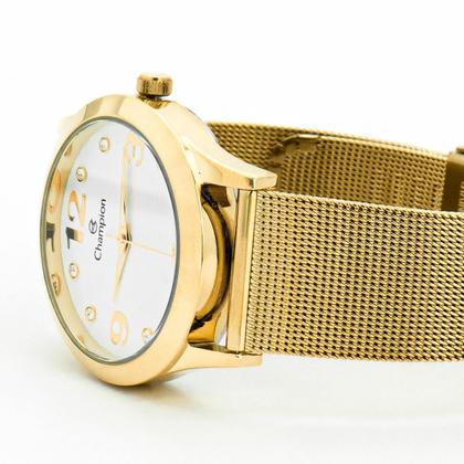 Imagem de Relógio Feminino Champion Dourado Aço Inoxidável Mostrador Branco Colar e Brinco Original Resistente à Água CN29098W