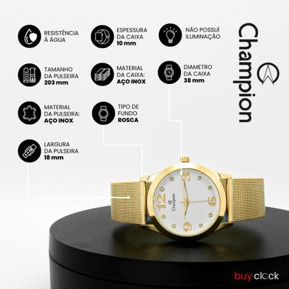 Imagem de Relógio Feminino Champion Dourado Aço Inoxidável Mostrador Branco Colar e Brinco Original Resistente à Água CN29098W