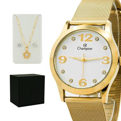 Imagem de Relógio Feminino Champion Dourado Aço Inoxidável Mostrador Branco Colar e Brinco Original Resistente à Água CN29098W