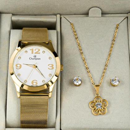 Imagem de Relógio Feminino Champion Dourado Aço Inoxidável Mostrador Branco Colar e Brinco Original Resistente à Água CN29098W