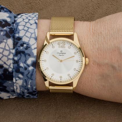 Imagem de Relogio feminino champion dourado kit colar e brincos CN25743E original