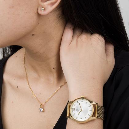 Imagem de Relogio feminino champion dourado kit colar e brincos CN25743E original