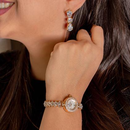 Imagem de Relógio Feminino Champion Dourado Pequeno Luxo CF25536H + Brincos