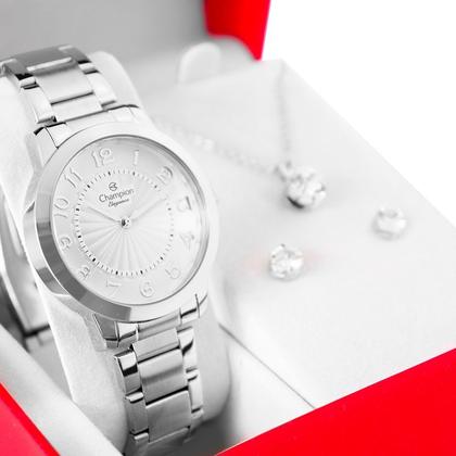 Imagem de Relógio Feminino Champion Prata Analógico CN25118Q Kit Colar e Brincos