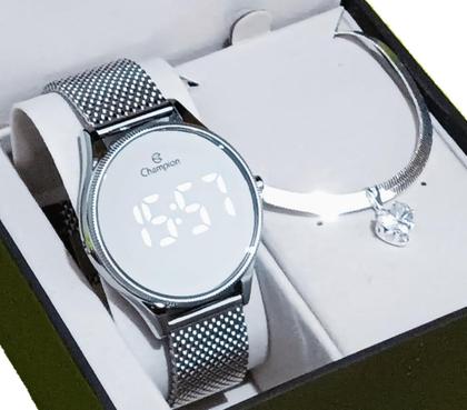 Imagem de Relógio Feminino Champion Prata Digital Espelhado A Prova Dágua Original NF Pulseira