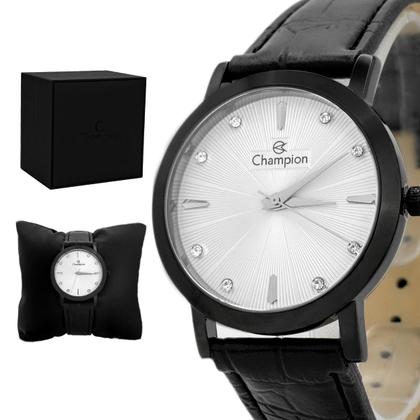 Imagem de Relógio Feminino Champion Preto Caixa Aço Pulseira Couro Mostrador Pérola Original Resistente à Água CN24226M