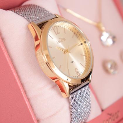 Imagem de Relógio Feminino Condor Analógico Dourado e Prata COPC21JLVK4X Colar e Brincos