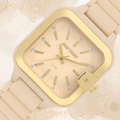 Imagem de Relógio Feminino Cor Nude e Dourado Quadrado Analógico de Pulso com Pulseira de Silicone à Prova D Água Pequeno Delicado Fashion Luxo Elegante Mormaii