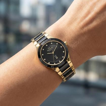 Imagem de Relógio Feminino de Pulso Preto e Dourado Analógico com Pulseira e Caixa de Ceramica Vidro Safira Movimento Quartzo Luxo Elegante Fashion Technos
