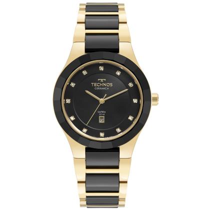 Imagem de Relógio Feminino de Pulso Preto e Dourado Analógico com Pulseira e Caixa de Ceramica Vidro Safira Movimento Quartzo Luxo Elegante Fashion Technos