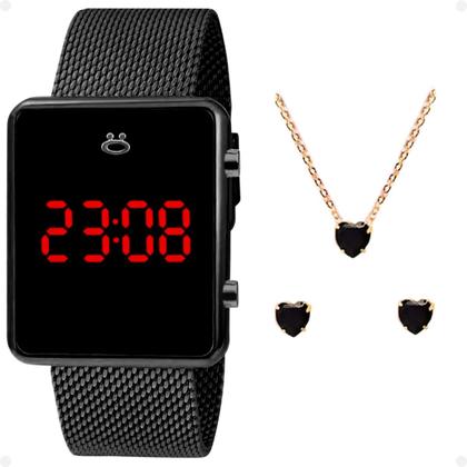 Imagem de Relogio Feminino Digital Aço Inox + Brincos + Caixa pulseira ajustável quadrado presente silicone preto social casual