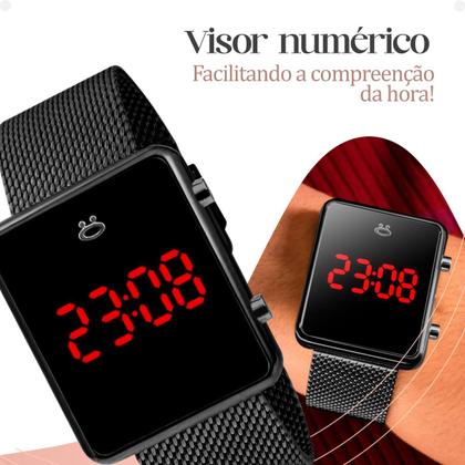 Imagem de Relogio Feminino Digital Aço Inox + Brincos + Caixa pulseira ajustável quadrado presente silicone preto social casual