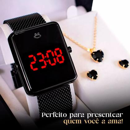 Imagem de Relogio Feminino Digital Aço Inox + Brincos + Caixa pulseira ajustável quadrado presente silicone preto social casual
