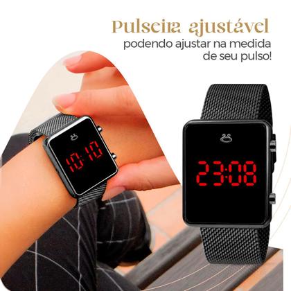 Imagem de Relogio Feminino Digital Aço Inox + Brincos + Caixa pulseira ajustável quadrado presente silicone preto social casual