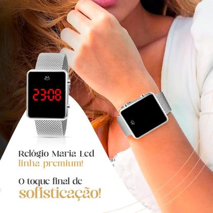 Imagem de relogio feminino digital aço inox + caixa pulseira delicada casual social qualidade premium pulseira ajustável prata led