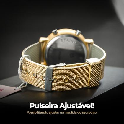 Imagem de Relogio feminino digital aço inox dourado led redondo presente Casual moda original ajustavel