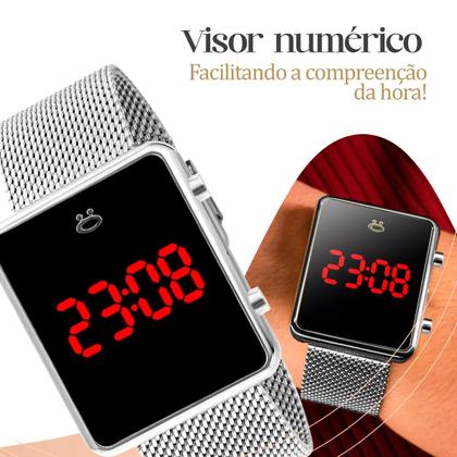 Imagem de Relógio Feminino Digital Aço Inox Quadrado Prata Casual com Caixa e Pulseira Berloques Delicada Ajustável Social Presente Premium