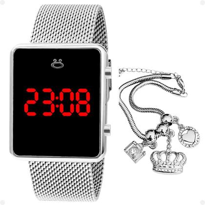 Imagem de Relógio Feminino Digital Aço Inox Quadrado Prata Casual com Caixa e Pulseira Berloques Delicada Ajustável Social Presente Premium