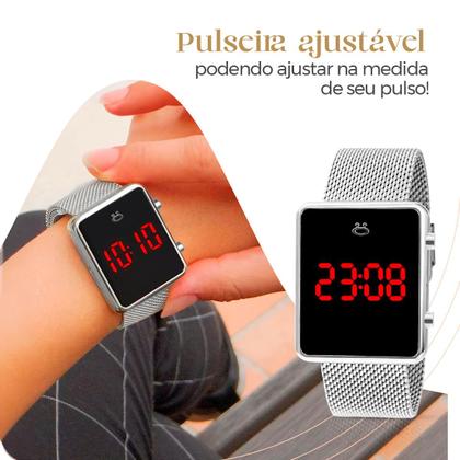 Imagem de Relógio Feminino Digital Aço Inox Quadrado Prata Casual com Caixa e Pulseira Berloques Delicada Ajustável Social Presente Premium