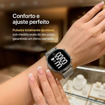 Imagem de Relogio Feminino Digital Aco + Pulseira Colar anel inoxidavel presente social casual silicone prata black piano led