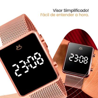 Imagem de relogio feminino digital aço silicone + colar perola + caixa rose social casual pulseira ajustável presente banhado
