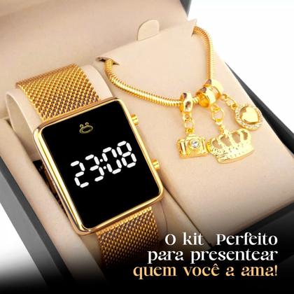 Imagem de Relogio feminino digital dourado + pulseira banhada presente casual pulseira ajustável social qualidade premium