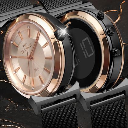 Imagem de Relógio Feminino Digital e Analógico de Pulso Dupla Face com Pulseira Mesh de Aço Inoxidável Resistente à Água 5 ATM Luxo Elegante Fashion Technos