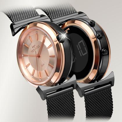 Imagem de Relógio Feminino Digital e Analógico de Pulso Dupla Face com Pulseira Mesh de Aço Inoxidável Resistente à Água 5 ATM Luxo Elegante Fashion Technos