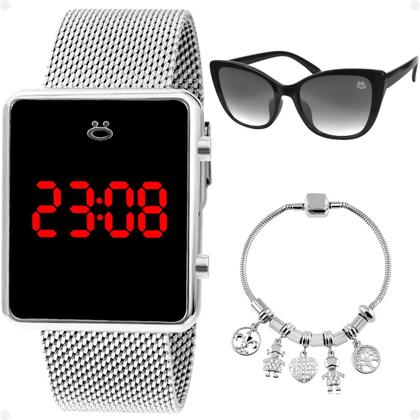 Imagem de Relogio feminino digital quadrado prata casual social + oculos sol Anti UV + pulseira aço inox festas eventos + caixa presente namorada 