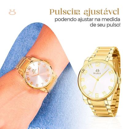 Imagem de Relogio Feminino Dourado Aço Inox Ou Colar + Brincos + Caixa