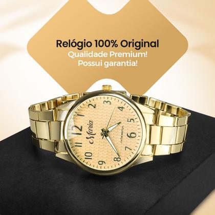 Imagem de relogio feminino dourado aço + pulseira + colar coração presente qualidade premium social aço inoxidavel casual ouro