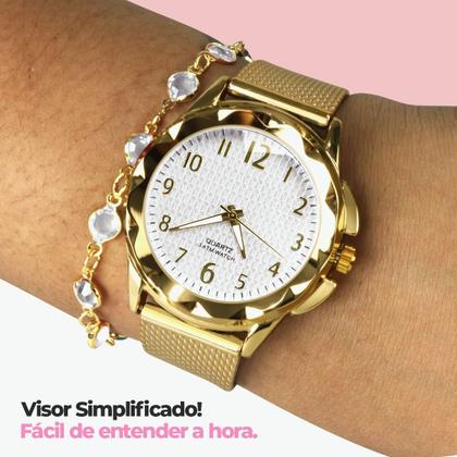 Imagem de Relógio Feminino Dourado Banhado Ouro Analógico Aço Inox Prova D'Água + Colar + Pingente Coração + Pulseira + Brincos Qualidade Premium Casual Moda