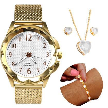 Imagem de Relógio Feminino Dourado Banhado Ouro Analógico Aço Inox Prova D'Água + Colar + Pingente Coração + Pulseira + Brincos Qualidade Premium Casual Moda