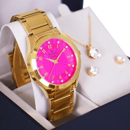 Imagem de Relógio Feminino Dourado Champion Analógico Rosa Prova D'agua CN29409J Colar e Brincos