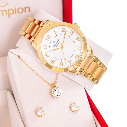 Imagem de Relógio Feminino Dourado Champion Elegance CN25118W Prova D Agua + Colar e Brincos