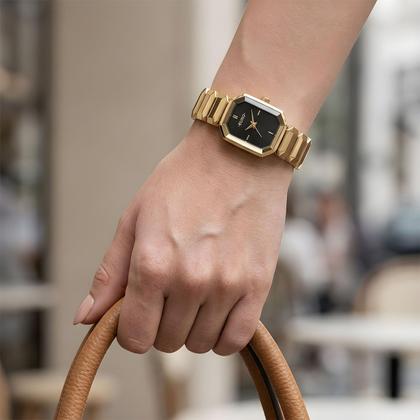 Imagem de Relógio Feminino Dourado com Caixa e Pulseira de Aço Inoxidável com Lente Facetada e Resistência à Água Pequeno Quadrado Fashion Elegante Luxo Euro